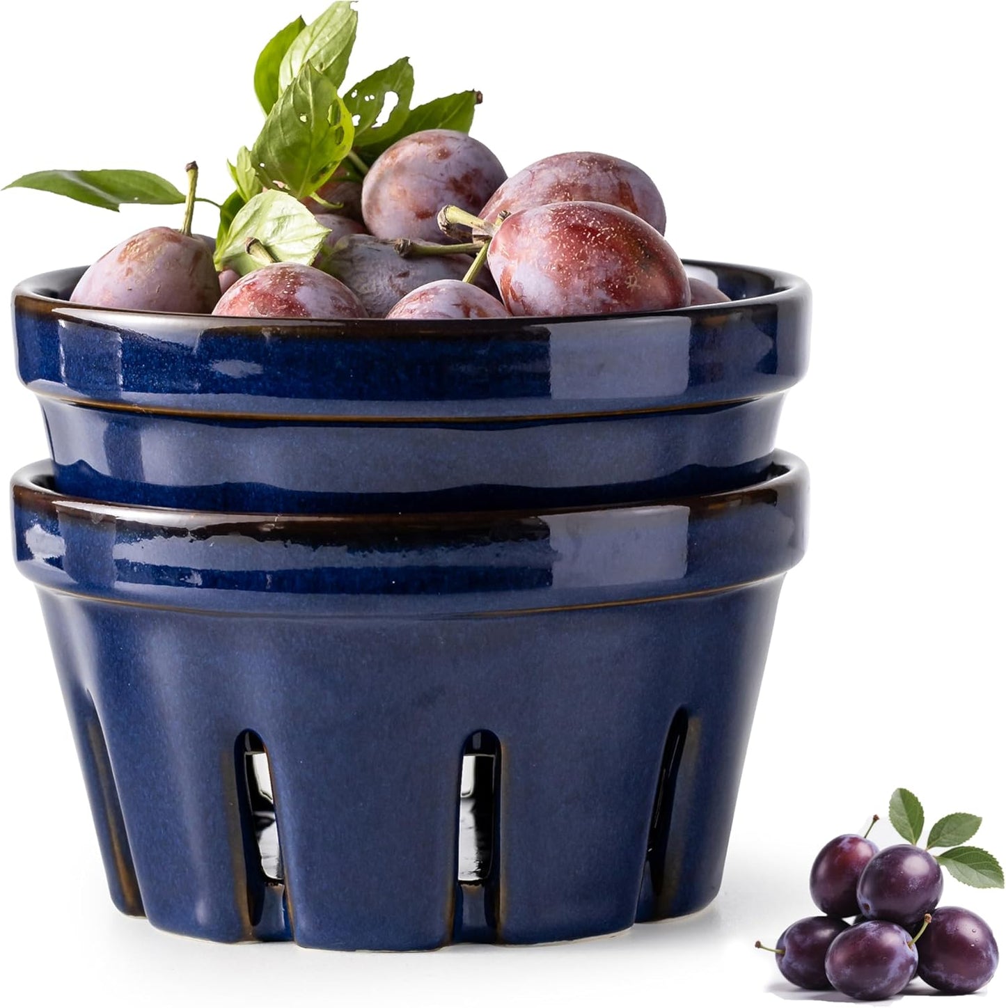 Gomakren Ceramic Berry Basket Set of 2, Round Fruit Bowl with Holes, Fruit Storage Containers for Fridge, Small Fruit Basket for Kitchen Counter, Berries, Strawberry, Mothers Day Gifts, White