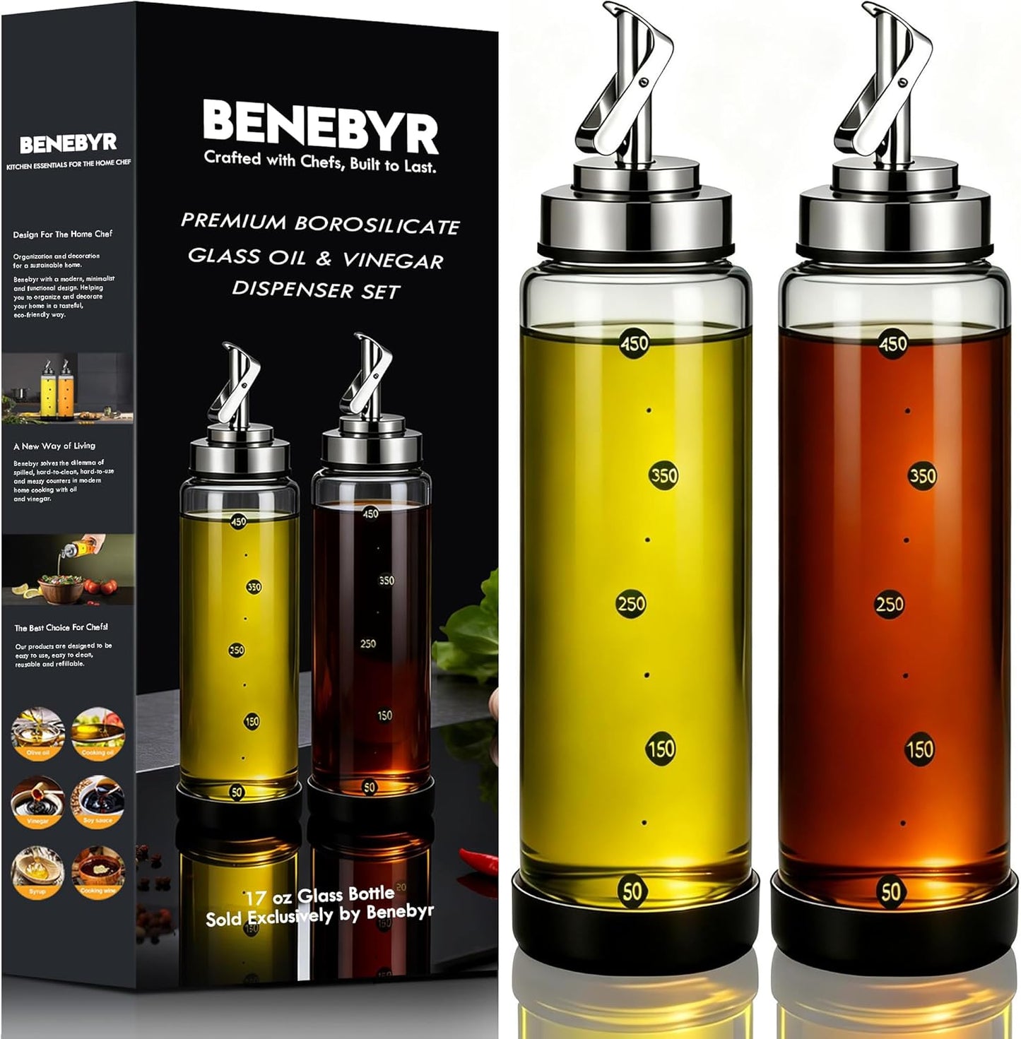 Glass Olive Oil Dispenser Bottle for Kitchen Shatterproof & Leakproof Cooking Oil Dispenser with Stainless Steel Spout & Rubber Bottom 17 oz Heat Resistant Olive Oil Bottle