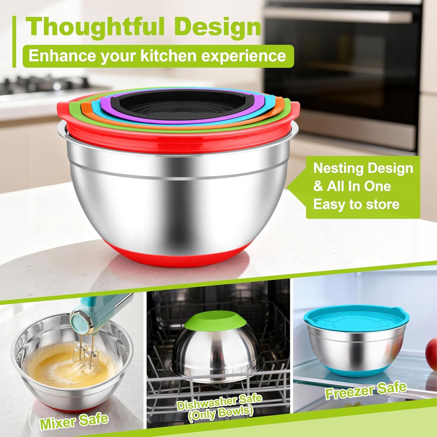 TeamFar Mixing Bowls, Black Mixing Bowls with Lids Set, Stainless Steel Nesting Salad Bowl with Air-tight Lid & Silicone Bottom, Non Slip & Stackable - Set of 6-4.6/2.6/2 / 1.5/1 / 0.7 Qt