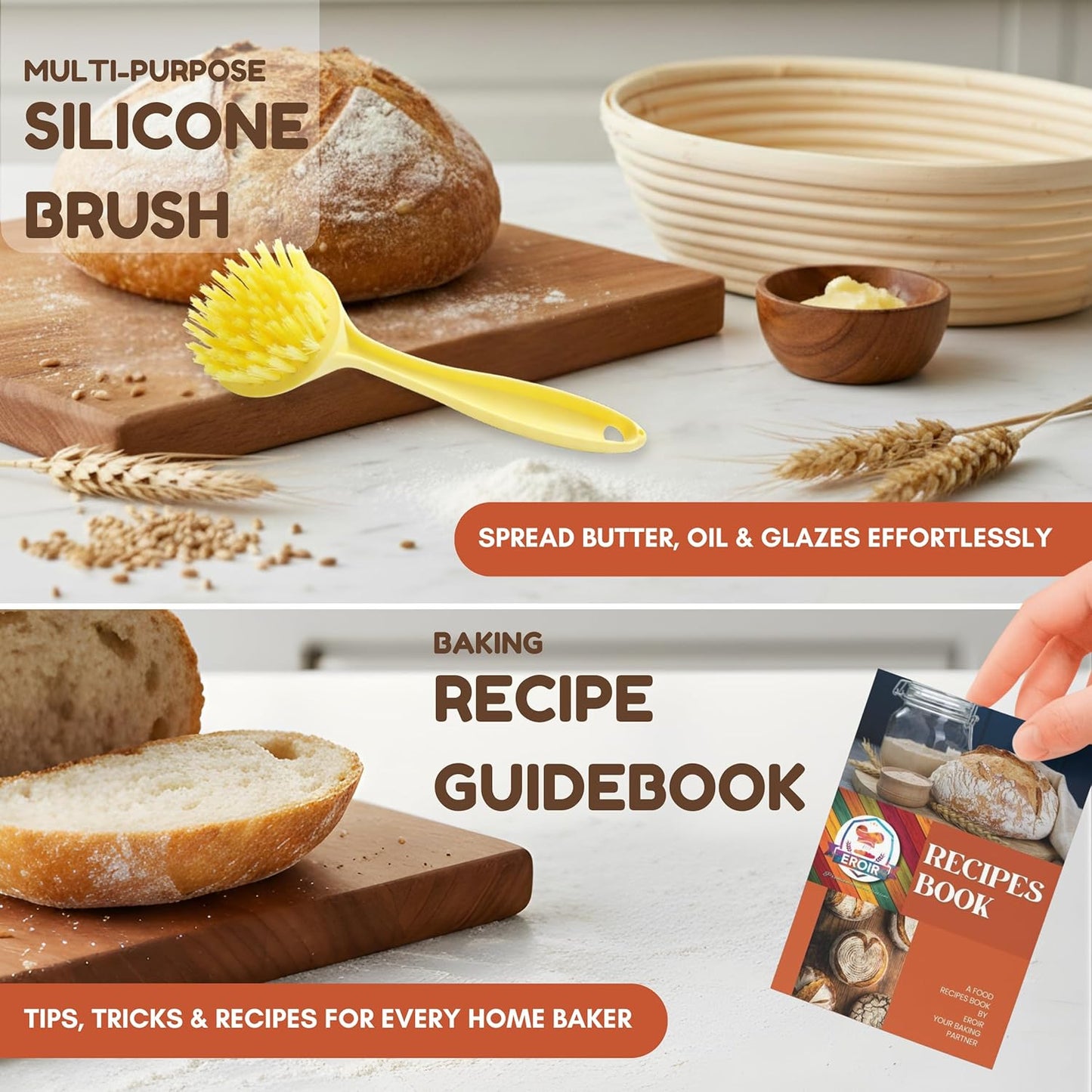 EROIR 13" Danish Dough Whisk Bread Lame Bowl Scraper Set - Dutch Sourdough Whisk Double Eye, Dough Scraper, Bread Scorer with 10 Blades and Leather Cover