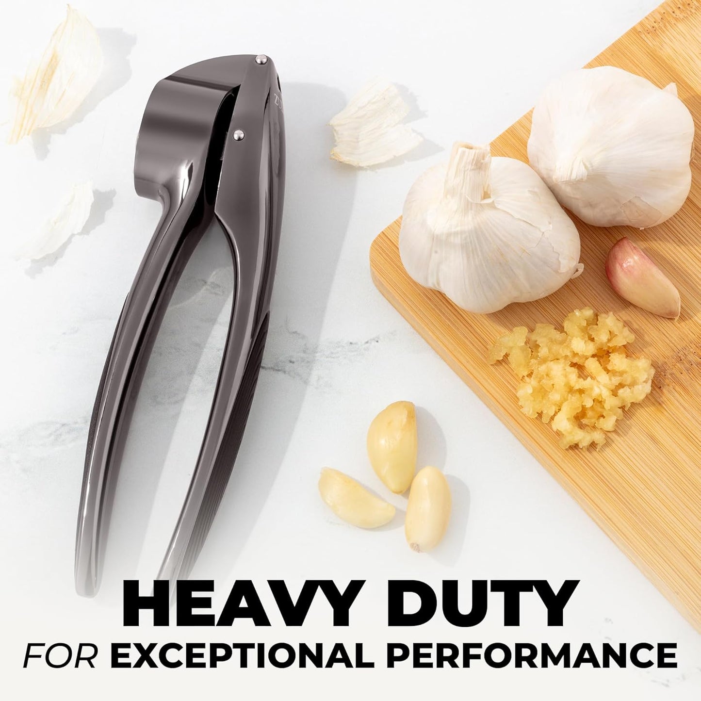 Zulay Kitchen Premium Garlic Press Set - Rust Proof Professional Garlic Mincer Tool - Easy-Squeeze, Easy-Clean with Soft, Ergonomic Handle - Silicone Garlic Peeler & Brush (Silver)