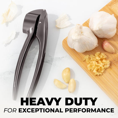Zulay Kitchen Premium Garlic Press Set - Rust Proof Professional Garlic Mincer Tool - Easy-Squeeze, Easy-Clean with Soft, Ergonomic Handle - Silicone Garlic Peeler & Brush (Silver)