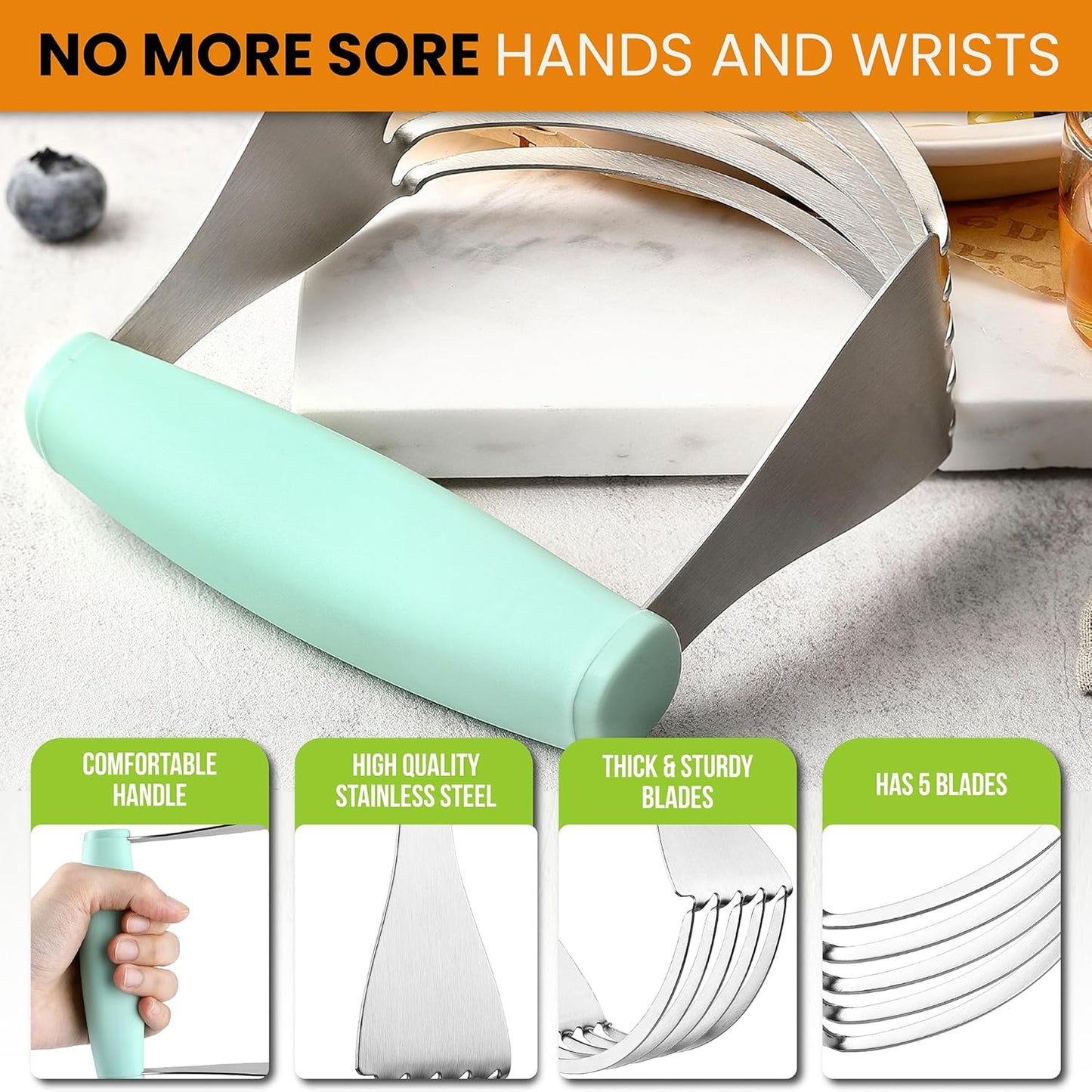 Spring Chef XL Dough Blender Tool For Baking, Heavy Duty Pastry Blender, Stainless Steel Pastry Cutter with Durable Blades, Dough Mixer, Butter Cutter for Easy Mixing, Dishwasher Safe - Aqua Sky
