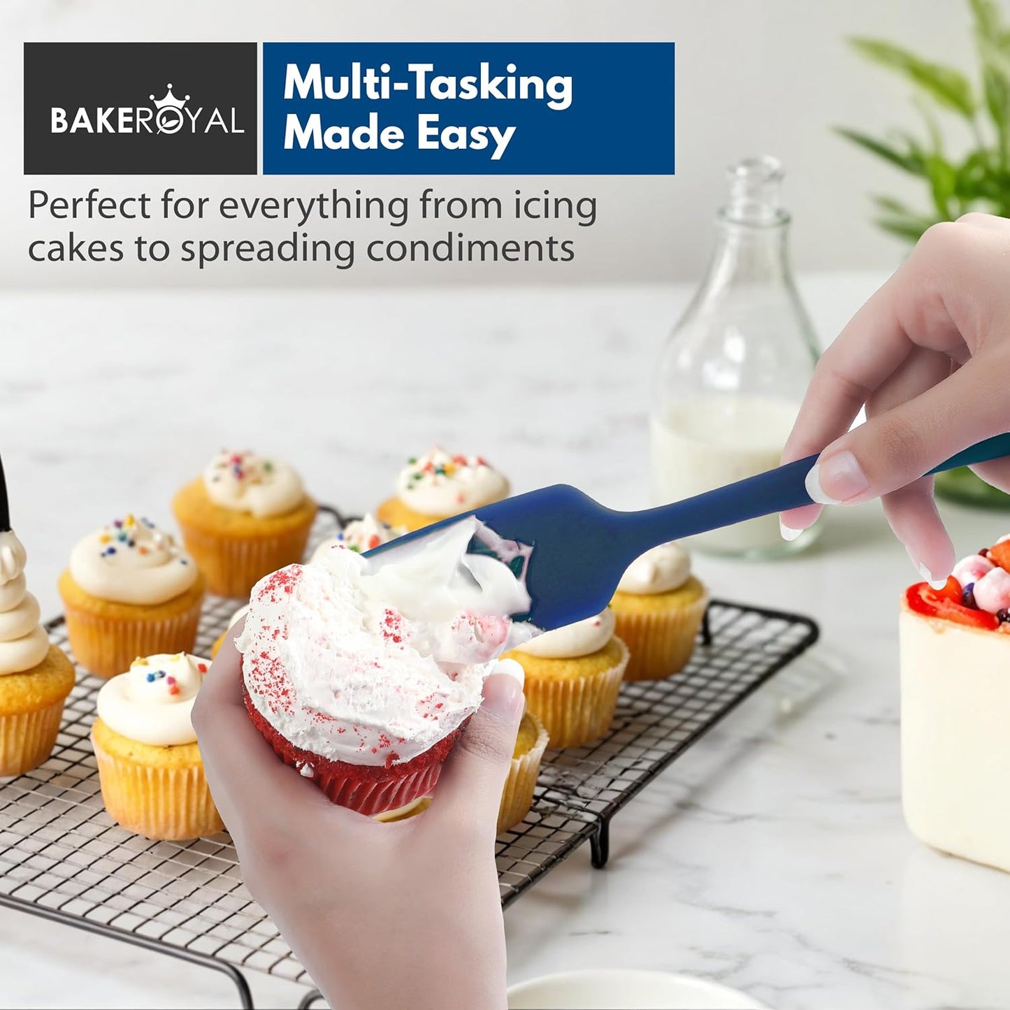 BakeRoyal Silicone Spatula Set - 4-Piece Rubber Spatulas Silicone Heat Resistant 600°F for Everyday Task - Seamless Design Kitchen Spatulas for Nonstick Cookware - Royal Blue