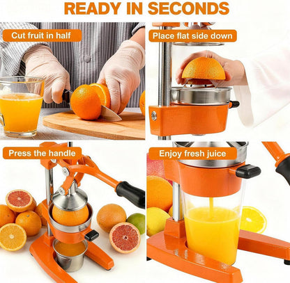 Cast Iron Citrus Juicer - 13.8LB Heavy Duty Manual Orange Press, 304 Stainless Steel Cup & Strainer, Professional Lemon Grapefruit Pomegranate Squeezer for Home Bar Kitchen, Orange