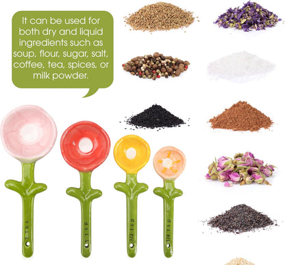 Flower Pot Measuring Spoons Set, Ceramic Baking Cup with Base Stand Holder, Decorative Cute Figurine for Dry & Wet Ingredients, Kitchen, Home & Gift - 1 Tbsp, 1 Tsp, 1/2 Tsp, 1/4 Tsp, Dishwasher Safe