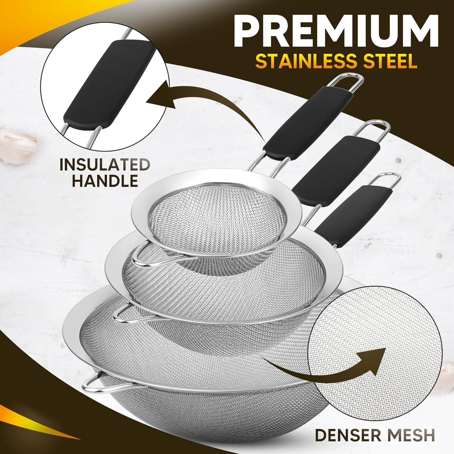Set of 3 Fine Mesh Strainers for Kitchen | 3.4 inch, 5.5 inch and 7.9 inch Stainless Steel Strainer