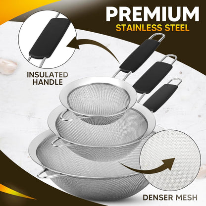 Set of 3 Fine Mesh Strainers for Kitchen | 3.4 inch, 5.5 inch and 7.9 inch Stainless Steel Strainer