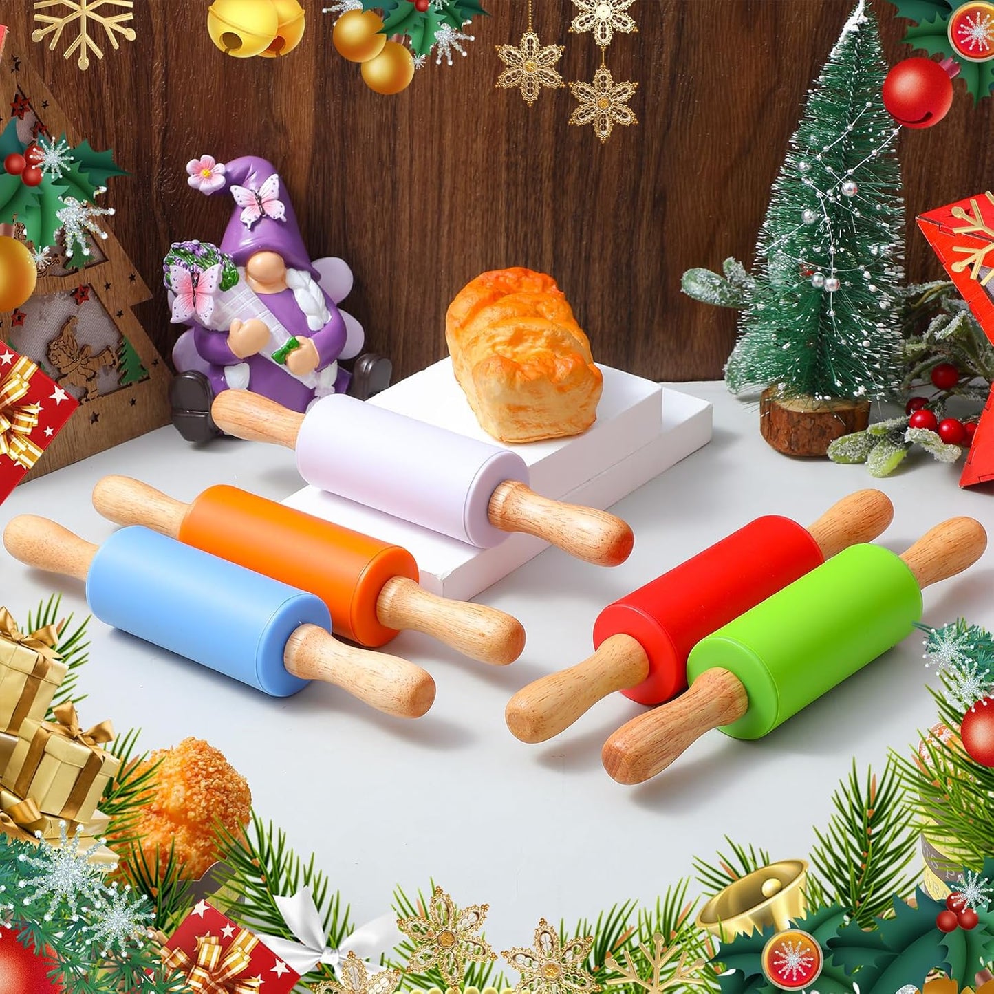 10 Pcs Small Rolling Pin Kids 9 Inch Mini Rolling Pin Silicone Wooden Cooking Pins Baking 5 Colors Non Stick with Wooden Handle for Christmas Kitchen Dough Cookie Pastry Fondant Cake, Christmas Gifts