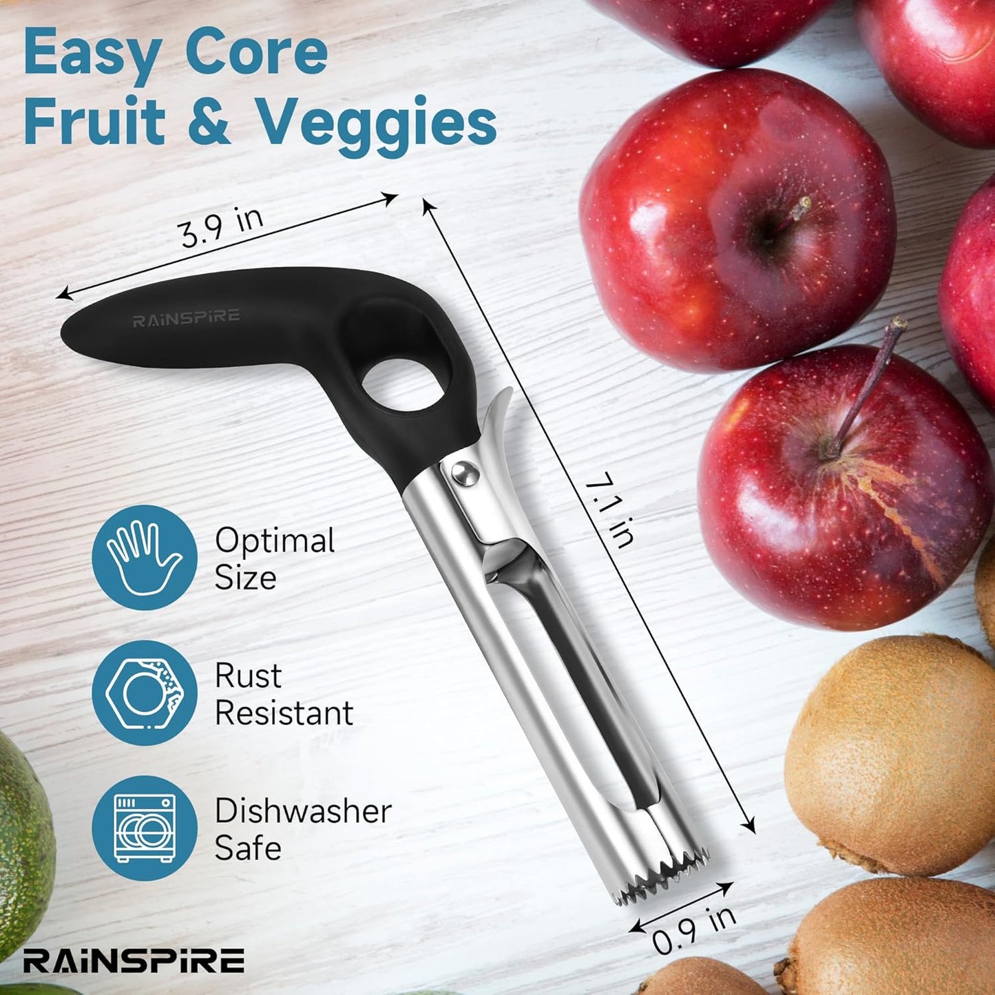 Rainspire Apple Corer Tool Kitchen Apple Core Remover Stainless Steel Comfortable Nonslip Handle, Dishwasher Safe, Red