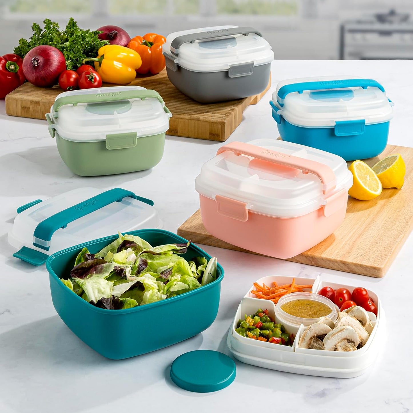 Goodful Stackable Lunch Box Container, Bento Style Food Storage with Removeable Compartments for Sandwich, Snacks, Toppings & Dressing, Leak-Proof and Made without BPA, 56-Ounce, Teal
