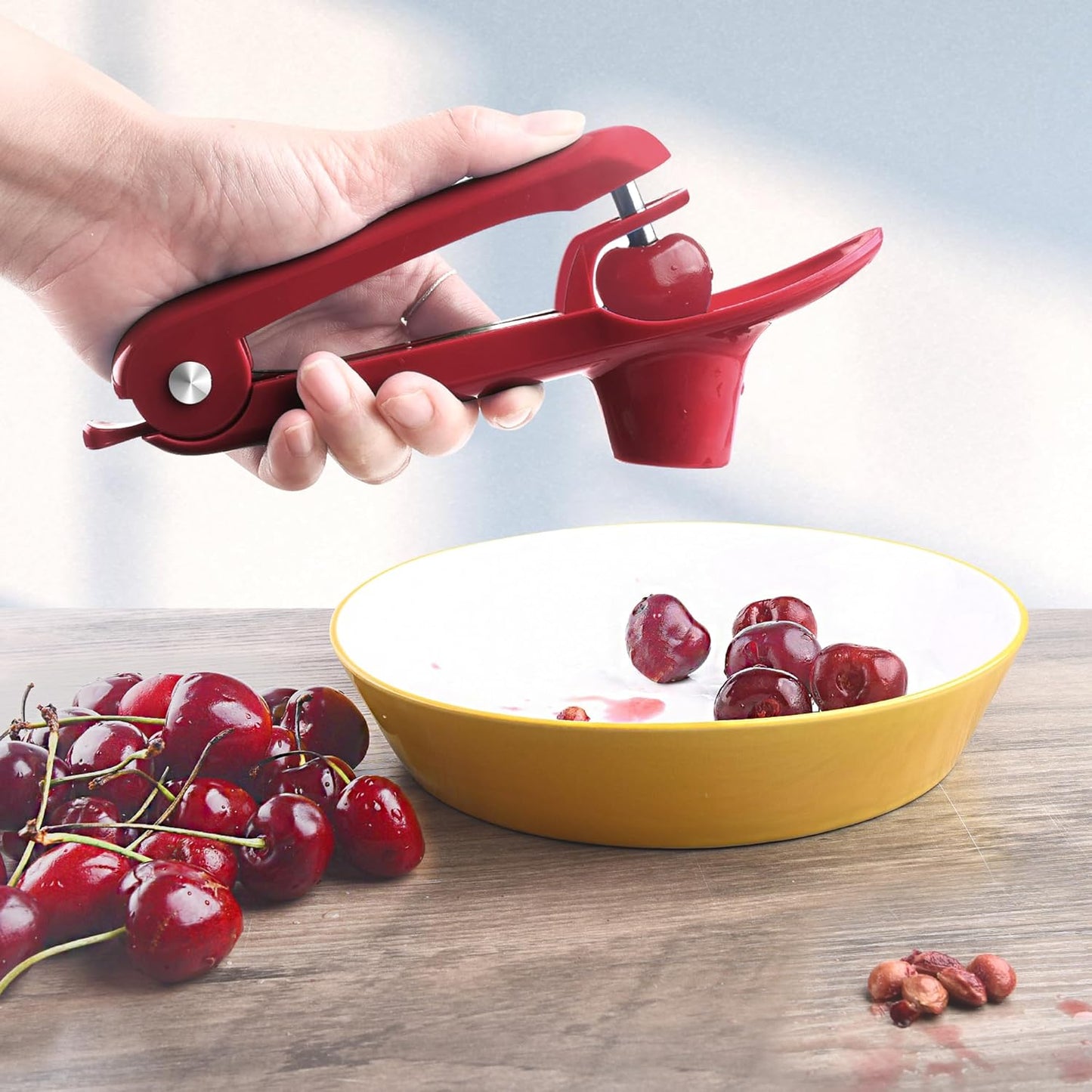 Cherry Pitter, Brighoot Stainless Steel Cherry Pitter Tool Cherries Corer with Lock Design for Making Cherry Jam, Remove Cherry Seed with Space/Safe/Quick (Red)