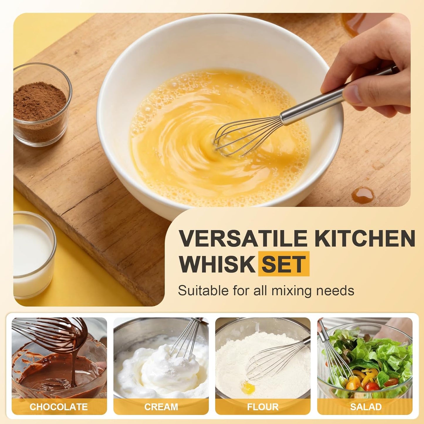 Stainless Steel Whisk Set, 3 Pack Balloon Wire Whisks for Cooking, 7" 9" 11" Kitchen Whisks for Eggs, Sauces, Batter, Mixing and Baking