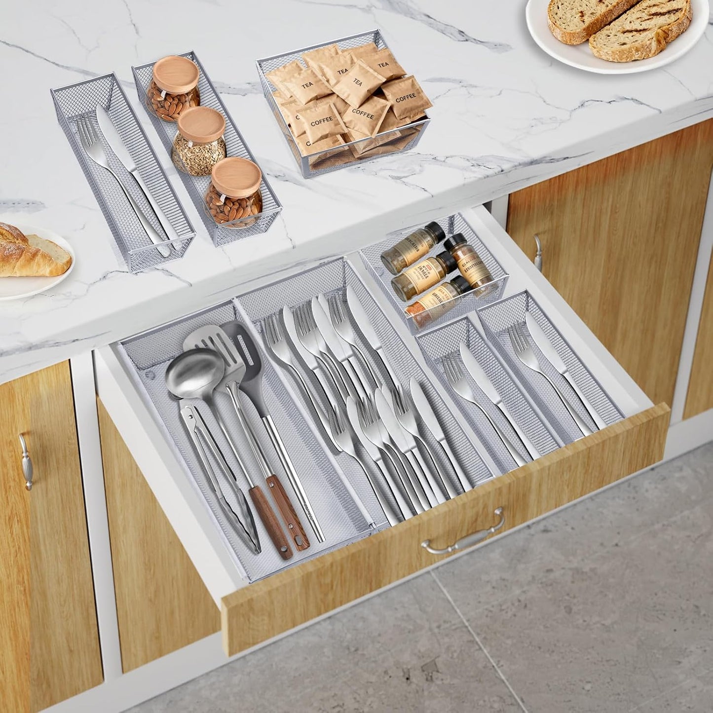 Neudeco Silverware Drawer Organizer - 5 Compartment Cutlery Tray with Non-Slip Feet, Mesh Wire Flatware Storage Divider for Kitchen, Bedroom, Living Room (Silver)