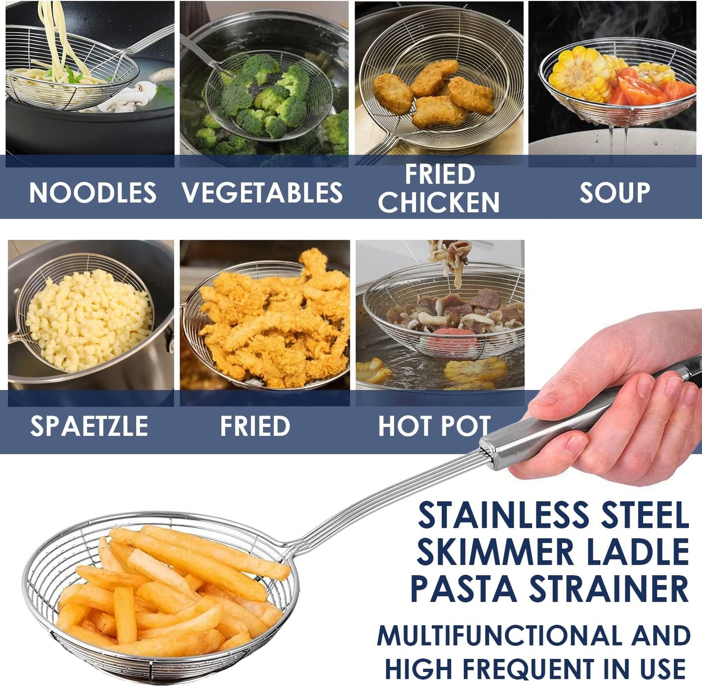 Premium Grade Stainless Steel Spaetzle Maker with Comfort Grip Handle, Stainless Steel Spider Strainer Skimmer Spoon Pasta Strainer, Homemade Traditional German Egg Noodle Dumpling Making Tool Set