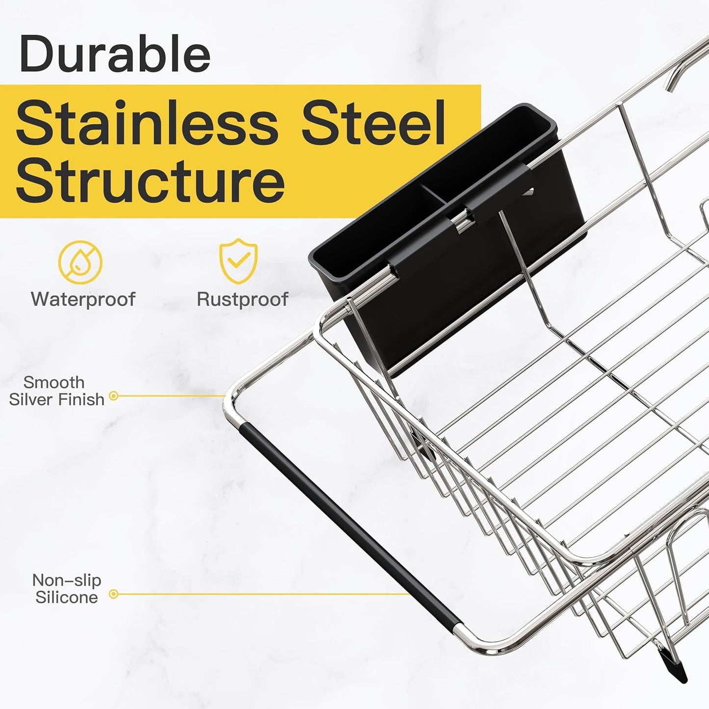 JASIWAY Roll Up Dish Drying Rack, Expandable (12.8"-23.8" D x 12.8" W) Stainless Steel Portable Drainer for Kitchen Sink Counter, Foldable Over The Sink Cover with Removable Utensil Holder