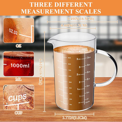 Glass Measuring Cup, 1000 ML (33.8 Oz, 4 Cup) High Borosilicate Glass Measuring Cup with Wood Lid Insulated Handle V-Shaped Spout for Kitchen Restaurant Easy To Read