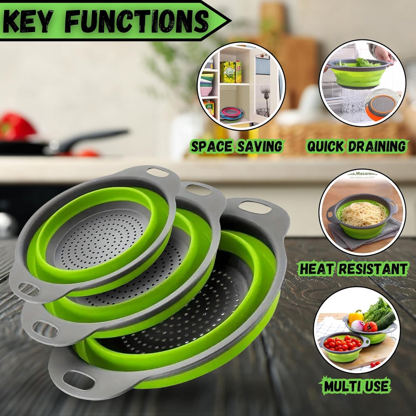 Collapsible Colander Set of 2, Foldable Silicone Pasta Strainer with Handles, 2 Pack Space Saving Kitchen Colander for Fruits,Space Saving Pasta Strainer Basket for Fruits & Vegetables