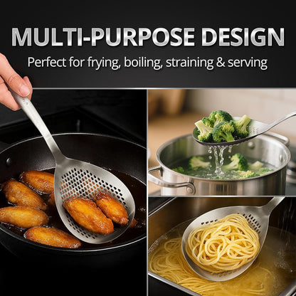 Stainless Steel Skimmer Spoon with Silicone Clip-On Strainer – Multi-Purpose Pasta Strainer, Spider Ladle, Pot Drainer Tool – Heat Resistant & Easy to Clean