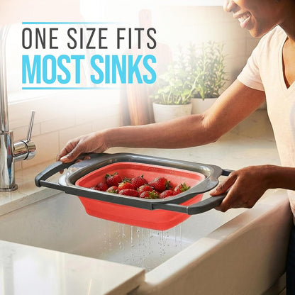 Comfify XL Large Kitchen Strainer - Collapsible Silicone Over - The-Sink Colander with Extendable Handles - Use with Pasta, Fruit, Berries & Veggie - 6 Quart - Blue
