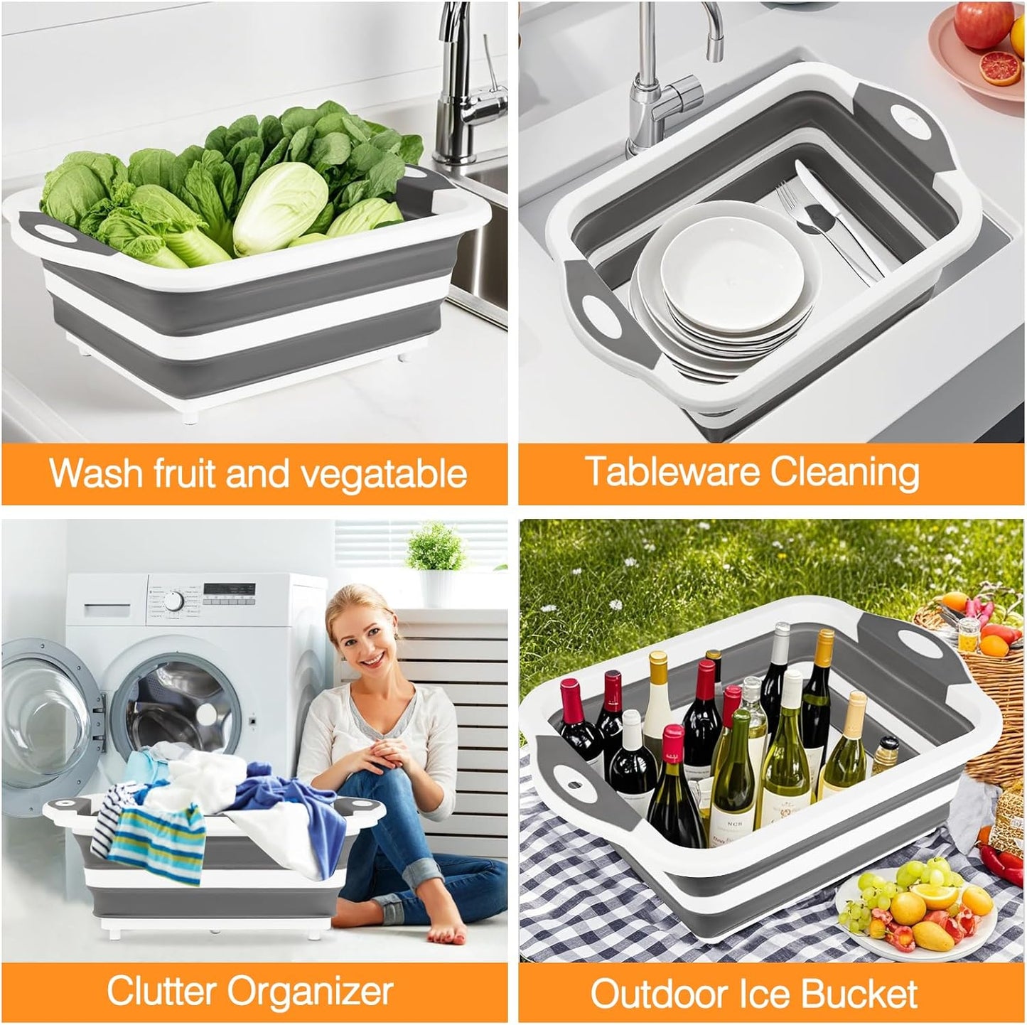 Collapsible BBQ Prep Tub/Cutting Board 10L, Foldable Dish Tub with Colander, Portable Camping Sink, Multifunction Dishing Basin Bucket Wash Tub for Kitchen Fruit Vegetable Picnic (Orange)