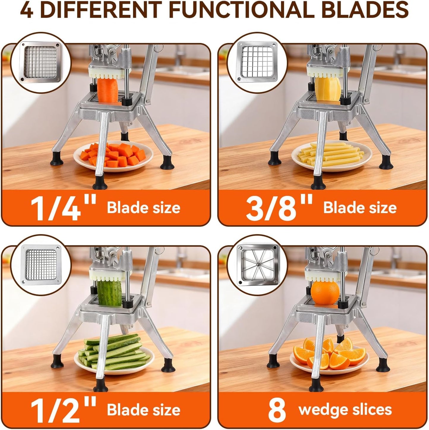 Malphi Commercial Vegetable Chopper, Heavy Duty Manual Potato Cutter with 4 Interchangeable Blades, Stainless Steel French Fry Cutter for Potatoes, Carrots, Onions, Vegetables & Fruits