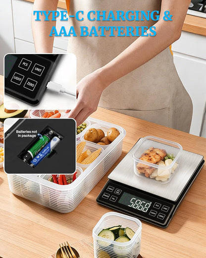 Food Kitchen Scale 11lb, 0.1g/0.01oz Precise Graduation Rechargeable Digital Scale with Nine Units Large Tray Stainless Steel Platform LCD Display for Meal Prep Cooking Baking