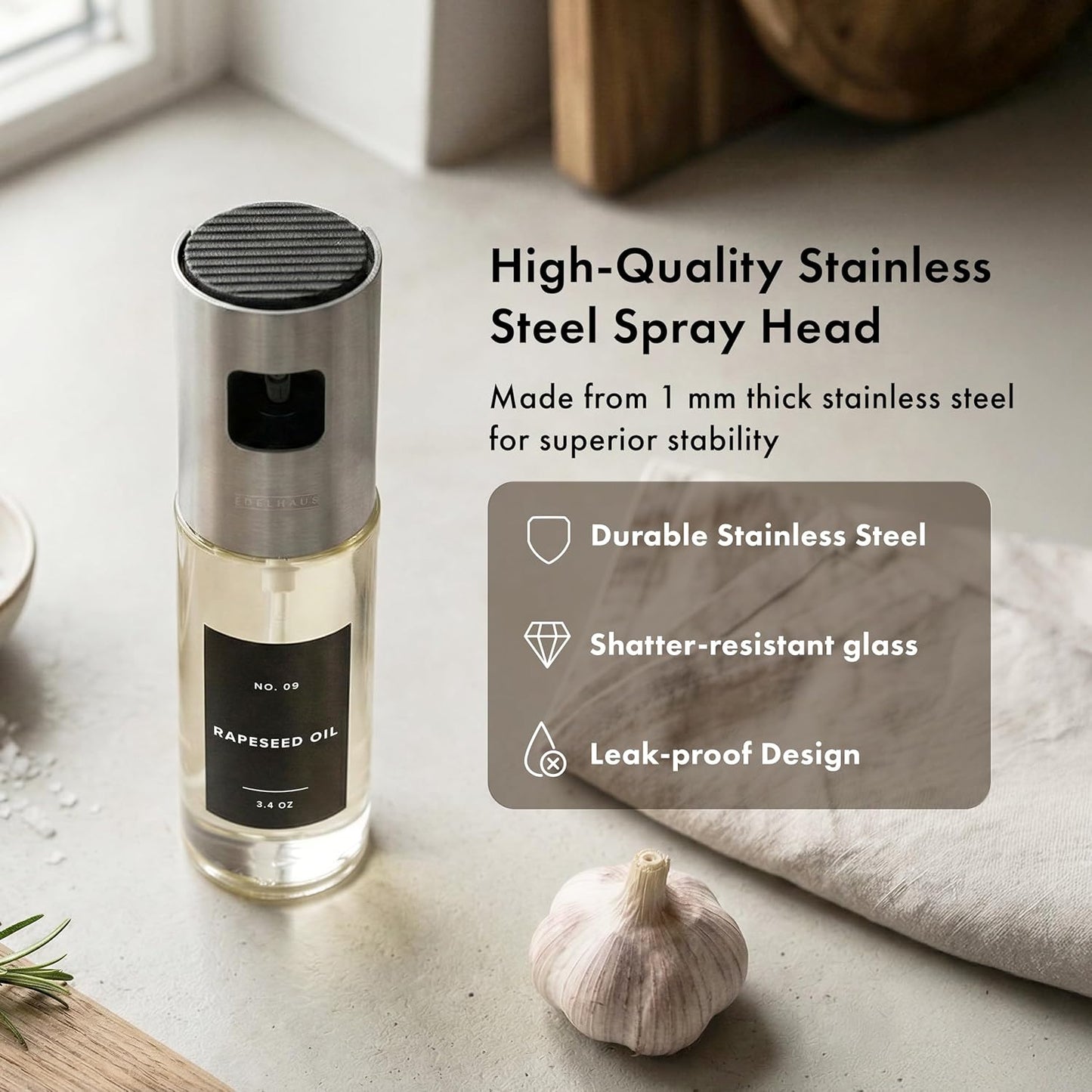 EDELHAUS Oil Sprayer Set of 2 – Oil Spray Bottle Made of Stainless Steel & Glass, for Healthy Cooking, Sprayer for Precise Dosage, for Cooking Oil & Vinegar Including 20 Labels, Funnel