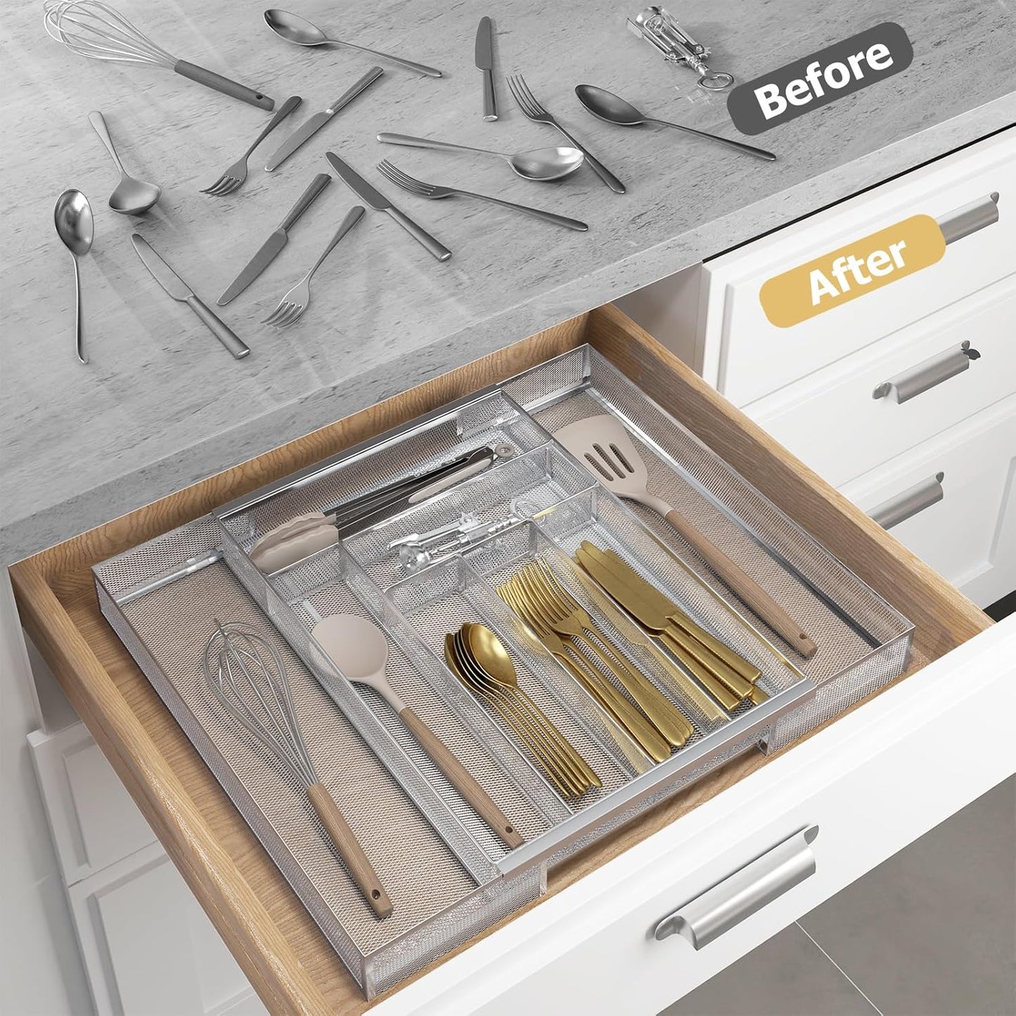 Sedegn Silverware Organizer Metal Mesh, Large Drawer Organizer, Utensil Cutlery Tray for kitchen drawers, Flatware Organizer with 6 Compartment, Black (11.3”*16“)