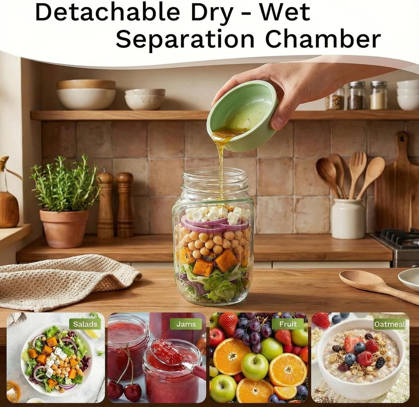 Salad Jar with Side Opening, Mason Jar Salad Leak Proof Dressing Container for Lunch with Dressing Compartment, Dishwasher Safe Meal Prep Box for Meal Prep Food Jars, Home, Office, Travel