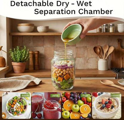 Salad Jar with Side Opening, Mason Jar Salad Leak Proof Dressing Container for Lunch with Dressing Compartment, Dishwasher Safe Meal Prep Box for Meal Prep Food Jars, Home, Office, Travel
