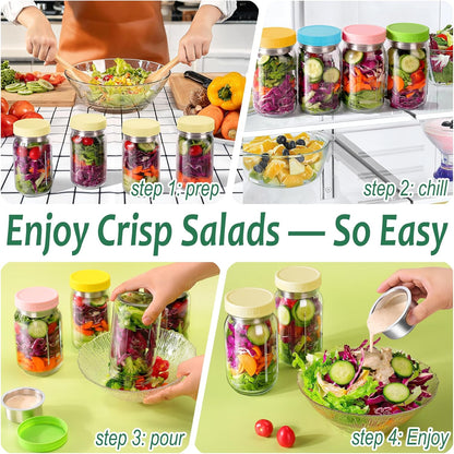 KTKUDY 4 Pack 32 oz Glass Salad Jars with Dressing Cups (Pod) - Meal Prep Salad Container for Lunch - Leakproof Mason Jars with Lids