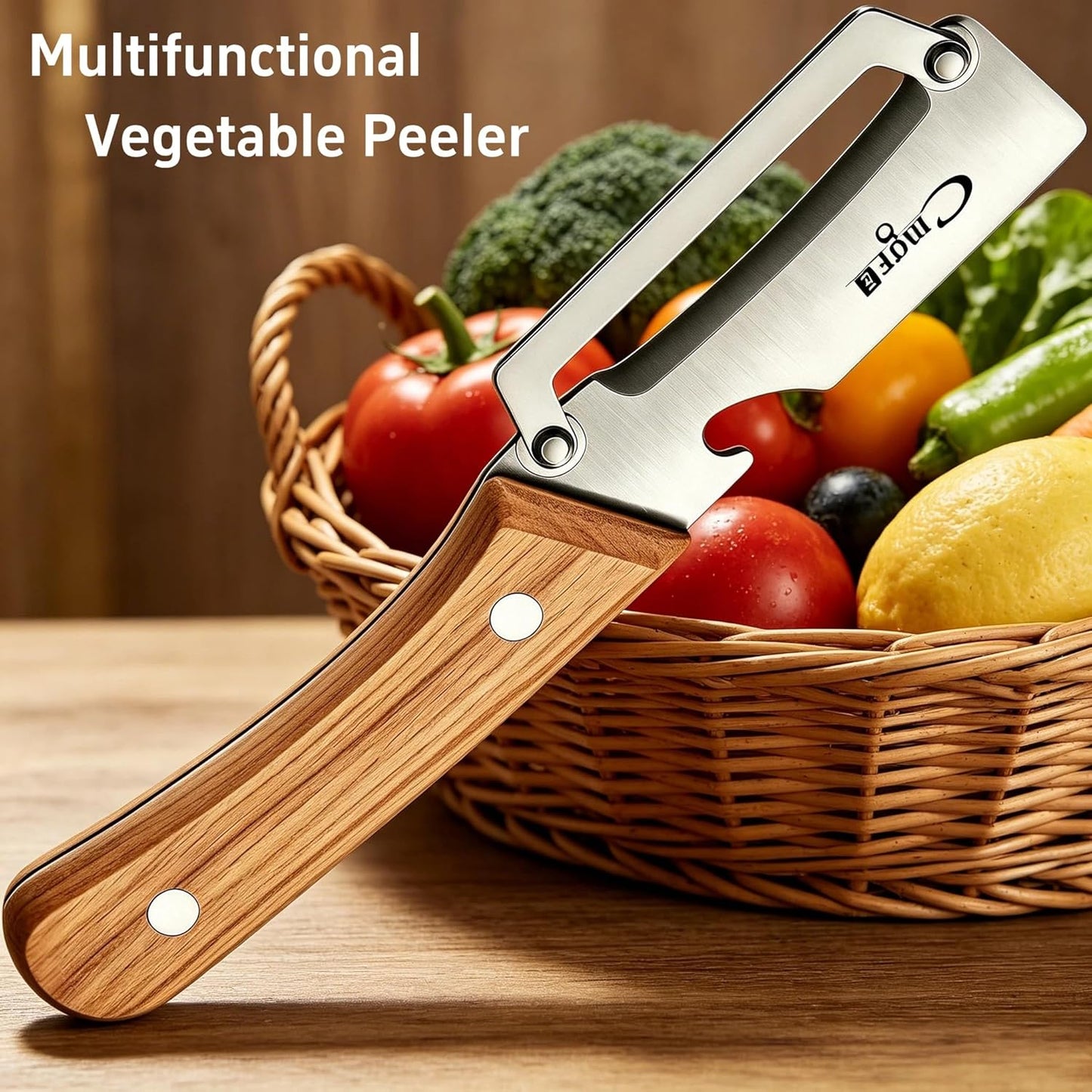 Maxjoy Multifunctional Vegetable Peeler, Zero Flex & Zero Snag, Stainless Steel with Wooden Handle, 2 in 1 Peeler with Bottle Opener for Potato Apple Carrot Fruit