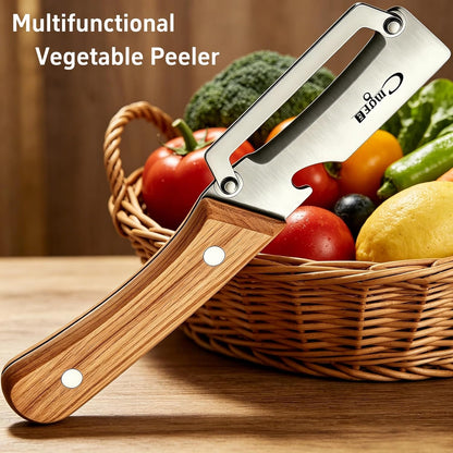 Maxjoy Multifunctional Vegetable Peeler, Zero Flex & Zero Snag, Stainless Steel with Wooden Handle, 2 in 1 Peeler with Bottle Opener for Potato Apple Carrot Fruit