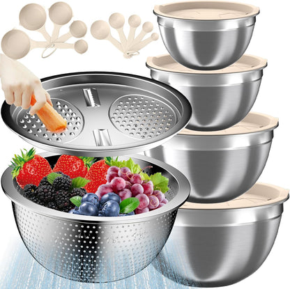 Mixing Bowls with Airtight Lids Set, 4 Stainless Steel Bowls Nesting Bowls & Colander, Kitchen Organizers and Storage Non-Slip Bottom, Size 1.5/2.0/2.5/4.5QT, Great for Mixing & Serving, Khaki