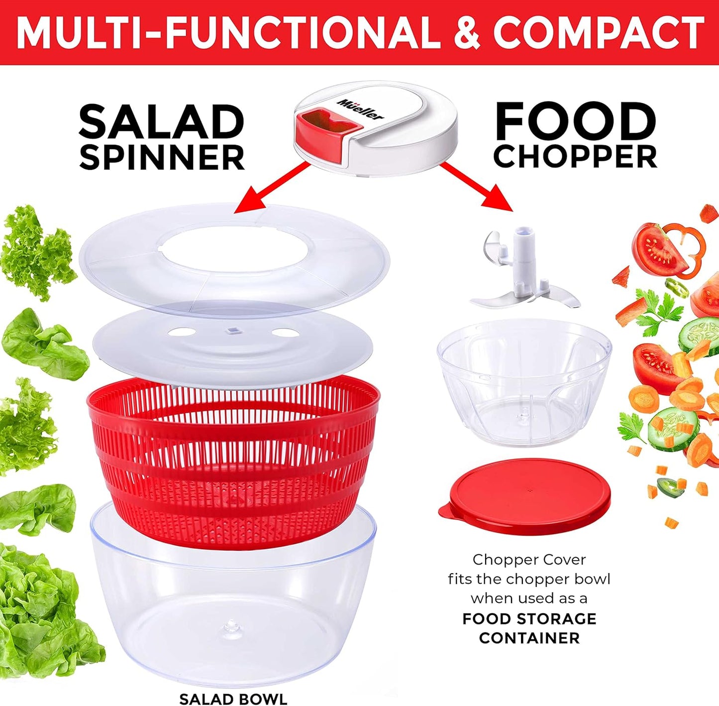 Mueller Salad Spinner with QuickChop Pull Chopper, Vegetable Washer with Bowl, Anti-Wobble Tech, Lockable Colander Basket and Lid with Pull Cord - Lettuce Washer and Dryer