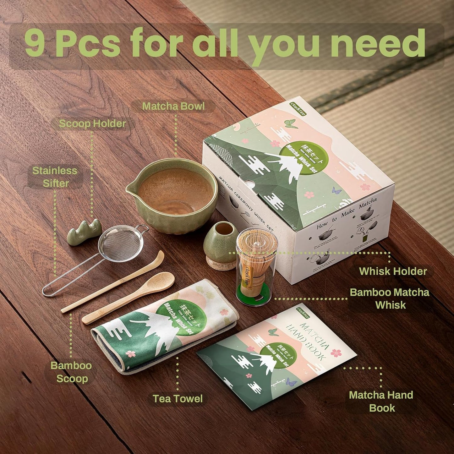 Clay&Fire Matcha Whisk Set, 9 pcs Ceramic Matcha Set, Gifts for Women,Matcha Bowl with Spout and Whisk, Matcha Kit for Matcha Lovers, Gift Mother's Day, Birthday, Anniversary