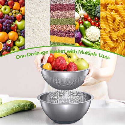304 Stainless Steel Colander, 2.5 QT Capacity and 2.5 QT Mixing Bowl, Micropore Strainer for Washing Rice, Fruit, and Veggies, Perfect Draining for Cooked Pasta