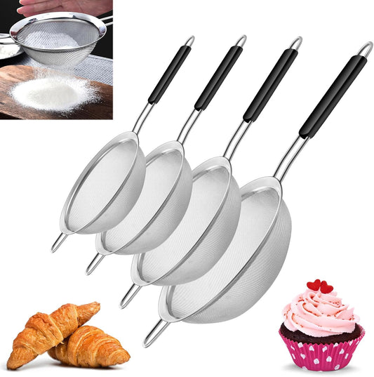 4 Pcs Set Fine Mesh Strainers Skimmers, Stainless Steel Kitchen Utensil | Sieve Strainer Wire Sifter Colanders with Anti-Scald Handle, Stainless Steel Strain Pasta Quinoa Rice, Ideal for Gift