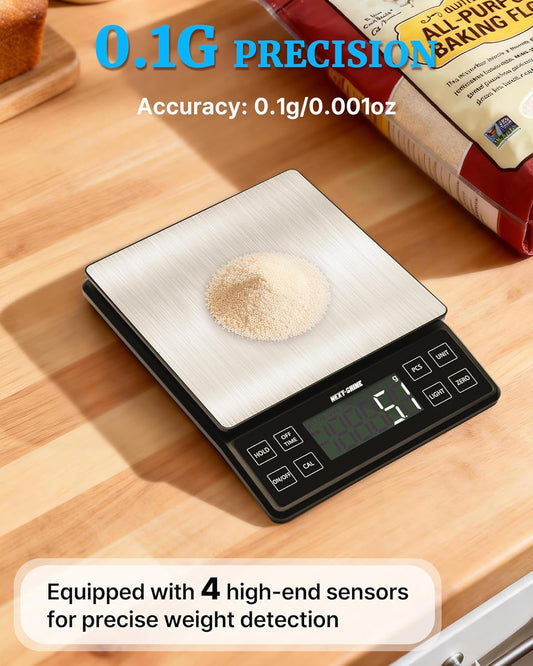 Food Kitchen Scale 11lb, 0.1g/0.01oz Precise Graduation Rechargeable Digital Scale with Nine Units Large Tray Stainless Steel Platform LCD Display for Meal Prep Cooking Baking