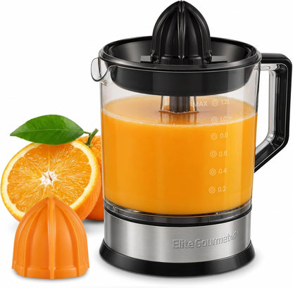 Elite Gourmet ETS-411 BPA-Free 30-Watt Electric Citrus Juicer Extractor: Compact Large Volume Pulp Control Oranges, Lemons, Limes, Grapefruits with Easy Pour Spout, 16 oz, White