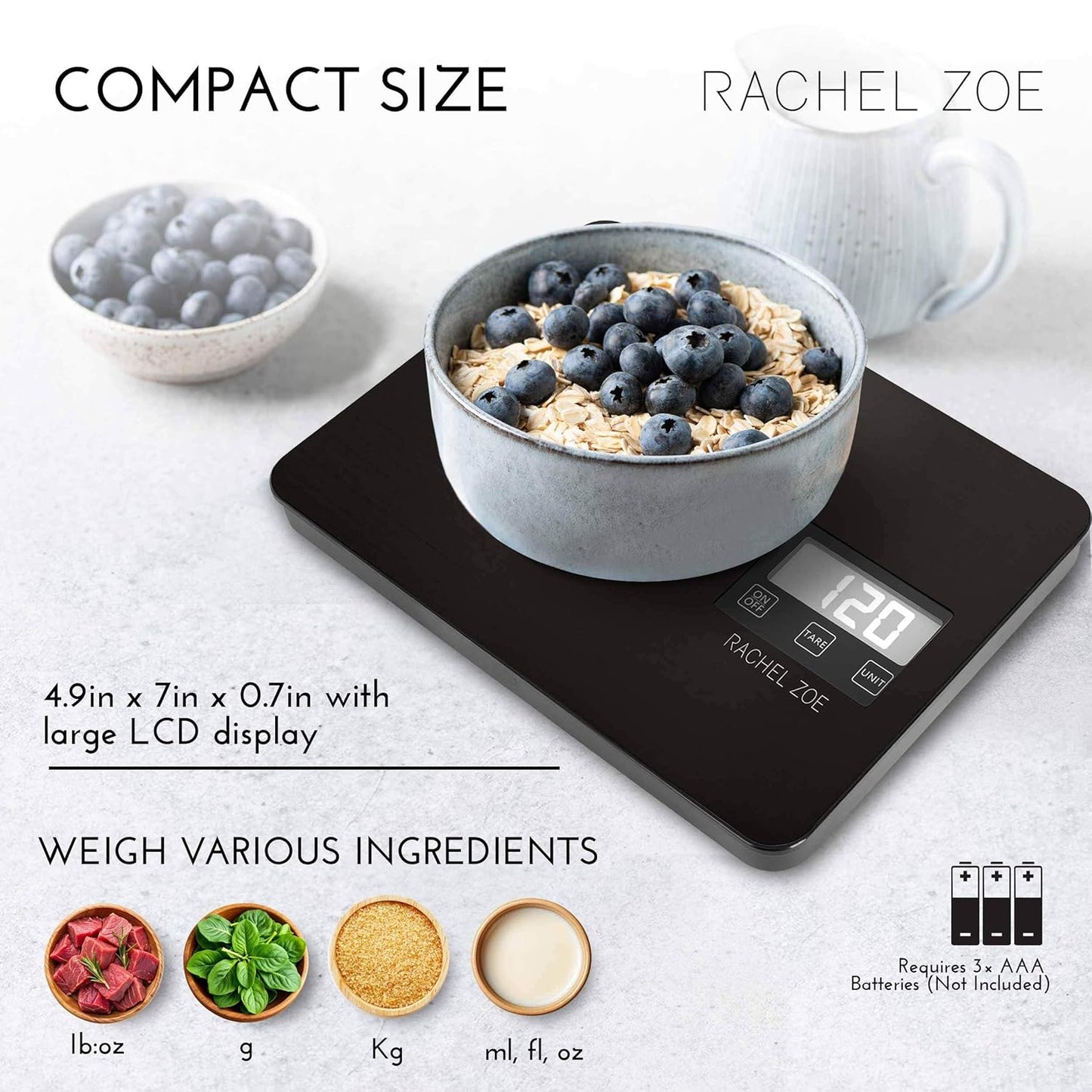 Rachel Zoe Digital Kitchen Food Scale with Non-Slip Base for Home and Kitchen, Measures in Pounds, Grams, Milliliters & Kilograms, Battery Operated Aluminum Electric Scale for Meals, Baking & Diets