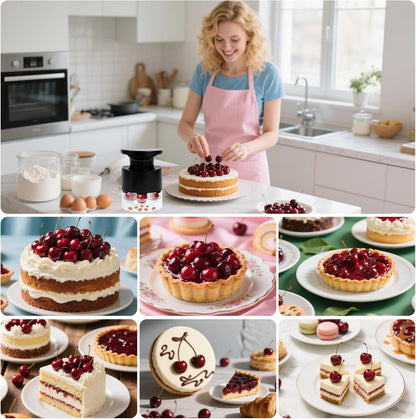 Cherry Pitter, 7-Hole Long Plunger Push Button Cherry Core Remover Tool with Splatter Protector, Quickly Pitting Cherries for Making Jam, Pies (White)