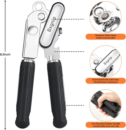 Can Opener Manual Heavy Duty Stainless Steel Smooth Edge with Magnet Large Effort Saving Knob Soft Grip Handle for Arthritis Elderly with Bottle Opener Kitchen Tool Black