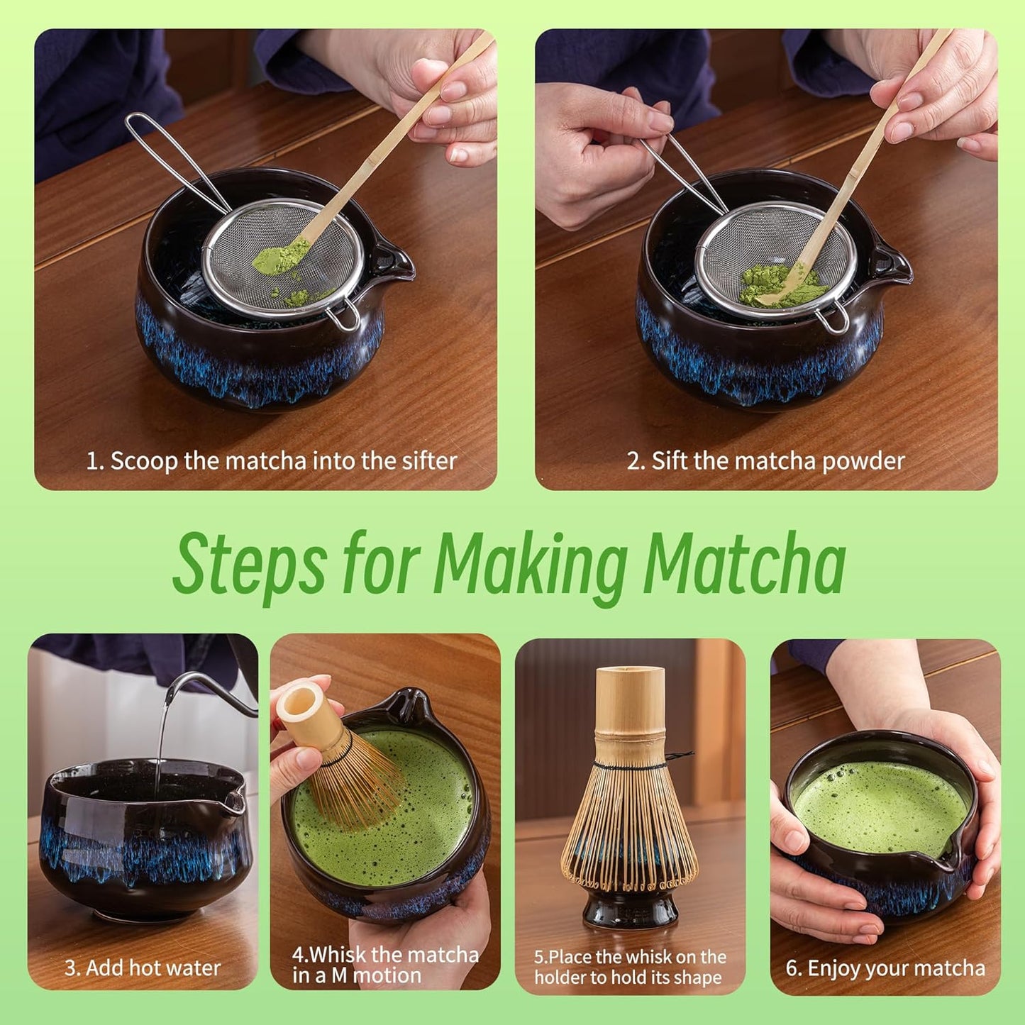 TEANAGOO Matcha Whisk Set, 7 Pcs Matcha Set Blue, Matcha Kit for Ceremony, Matcha Tea Set for Making Breakfast/Latte, Ceramic Matcha Bowl(chawan) whith Spout and Whisk, Gift for Friend/Family