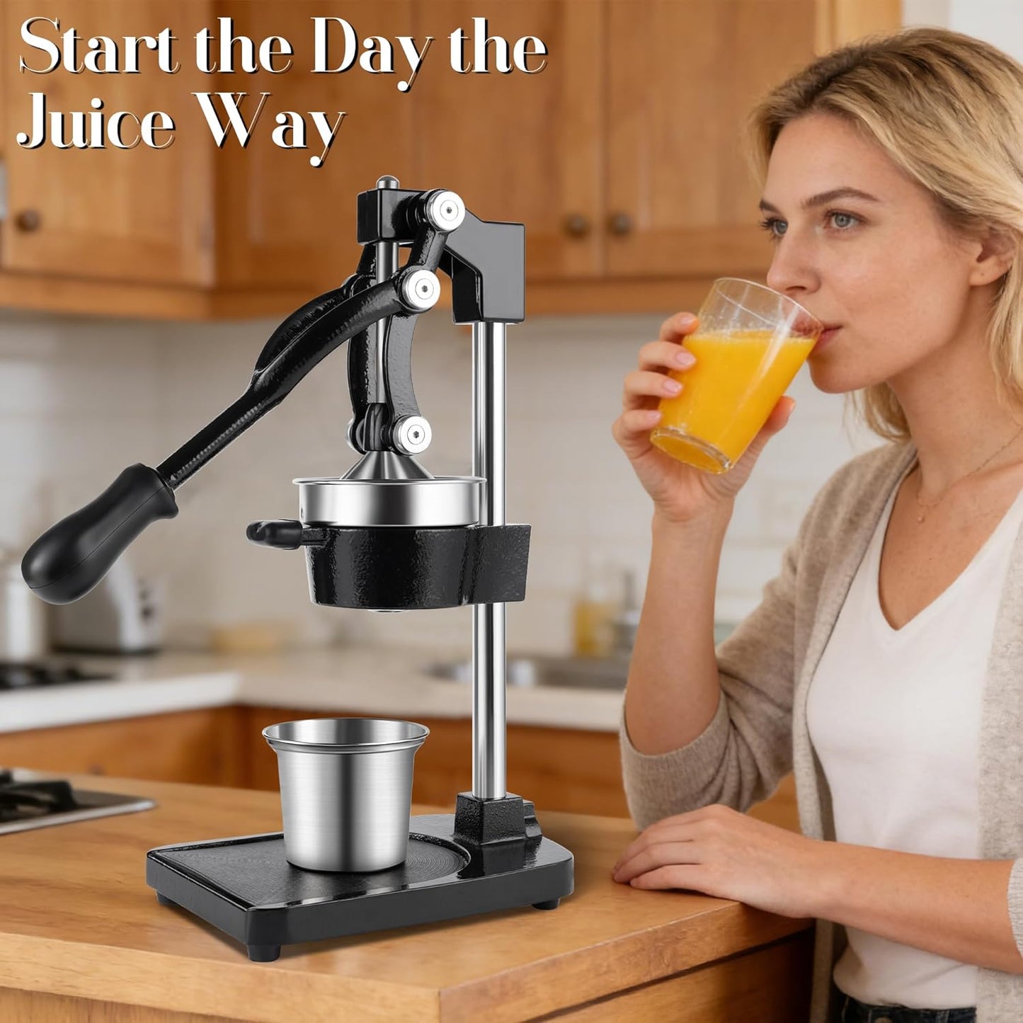Cast Iron Manual Juicer Hand Press, Lemon Squeezer, Commercial-Grade Citrus Press Suitable for Oranges, Lemons, Limes, and Pomegranates Easy to Clean Includes Stainless Steel Cup, Black