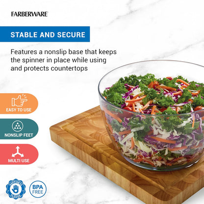 Farberware Easy to use pro Pump Spinner with Bowl, Colander and Built in draining System for Fresh, Crisp, Clean Salad and Produce, 6.6 quart, Green