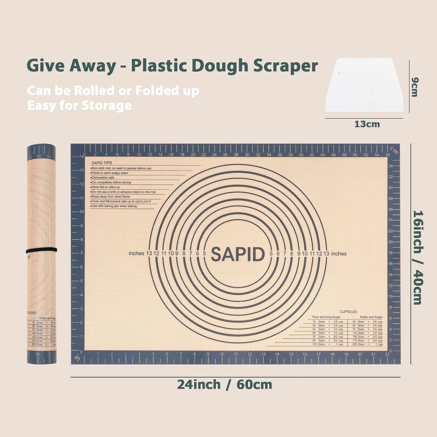 Sapid Extra Thick Silicone Pastry Mat Non-slip with Measurements for Non-stick Silicone Baking Mat Extra Large, Dough Rolling, Pie Crust, Kneading Mats, Countertop, Placement Mats (20" x 28",Gray)