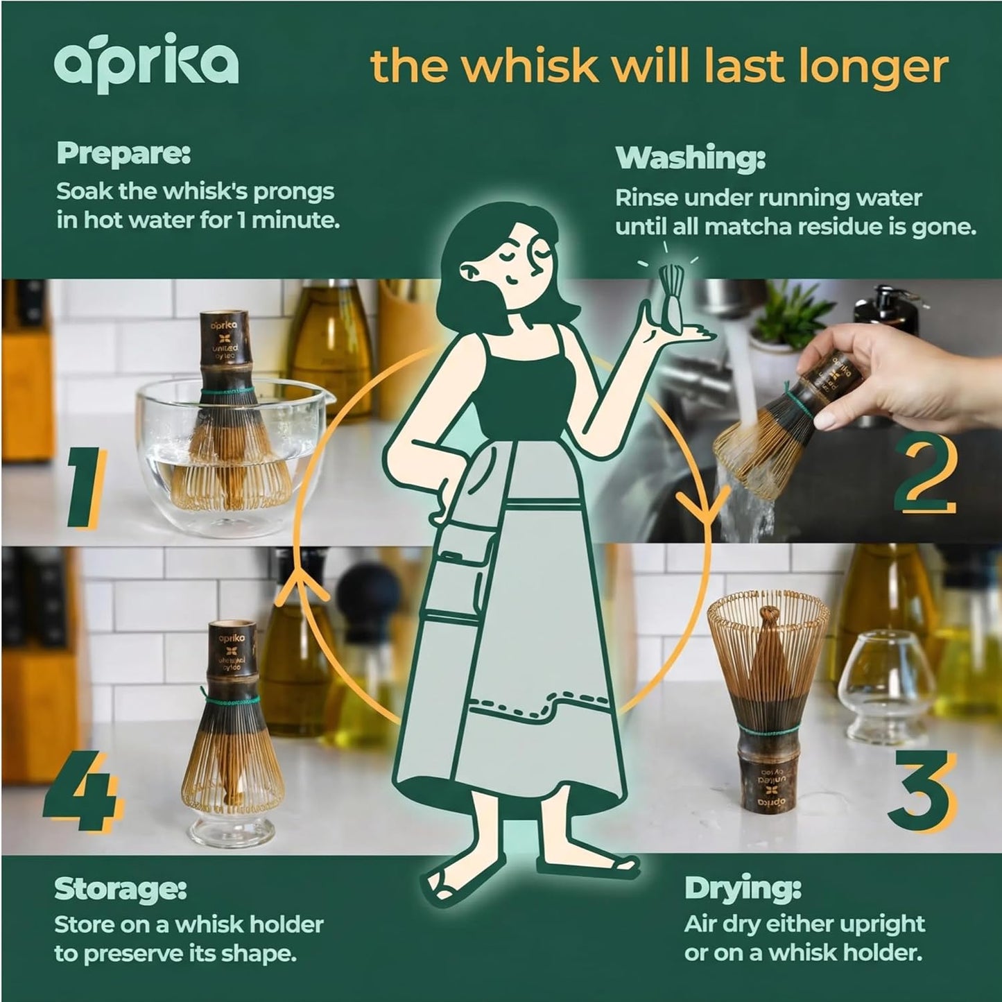 Aprika Life Matcha Bamboo Whisk Set with Holder | 100 Prong Chasen, Bamboo Scoop & Glass Whisk Holder | Matcha Whisk and Holder Starter Kit