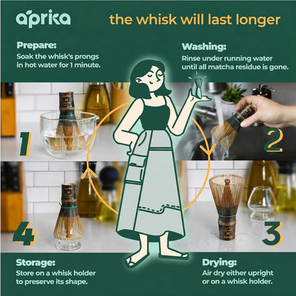 Aprika Life Matcha Bamboo Whisk Set with Holder | 100 Prong Chasen, Bamboo Scoop & Glass Whisk Holder | Matcha Whisk and Holder Starter Kit